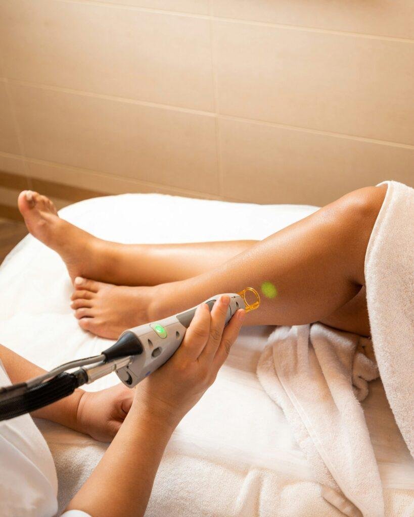 Gros plan d'une pièce à main d'appareil d'épilation définitive appliquée sur la jambe d'une patiente pour traiter les zones sujettes aux poils incarnés.